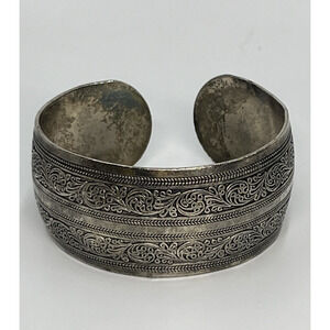 Etched Engraved Scrollwork Wide Cuff Bracelet in Silver Tone Ornate Boho